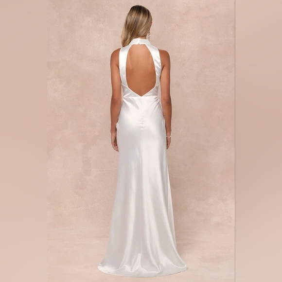 Lulus Gorgeous Vow White Satin Mock Neck Cowl Mermaid Maxi Dress S Wedding Party - Picture 5 of 11